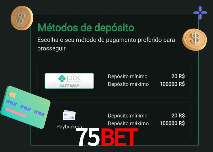 O cassino 75BET oferece uma grande variedade de métodos de pagamento